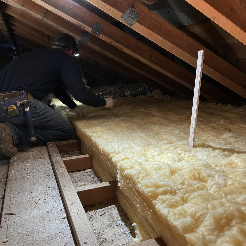 Technician installing pink fiberglass insulation batts in an attic crawl space