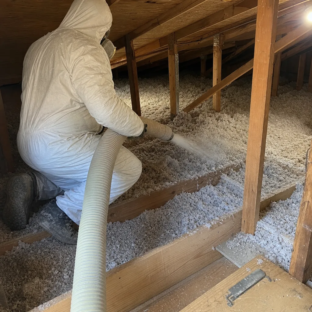 Contractor using a knife to cut pink fiberglass attic insulation batts